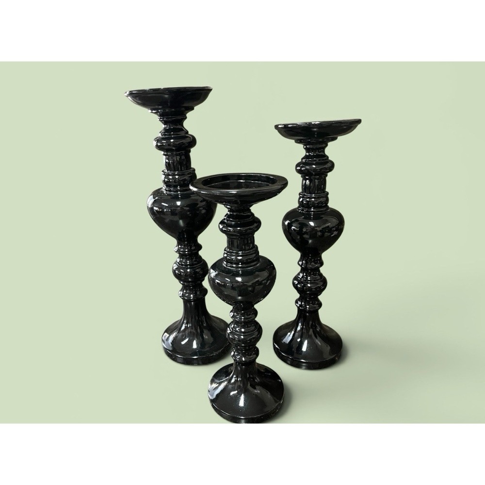 3 Black Tall Candle Sticks Candle Holders Resin Pillar Candles Modern Decor